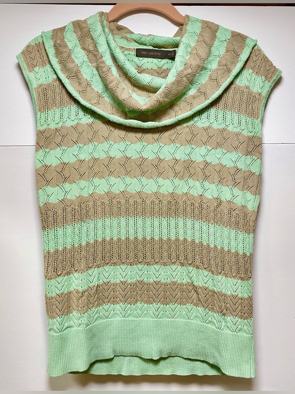 THE LIMITED-Size XS-Cowl Neck, Sleeveless, Mint Green And Tan Pull On Sweater.
